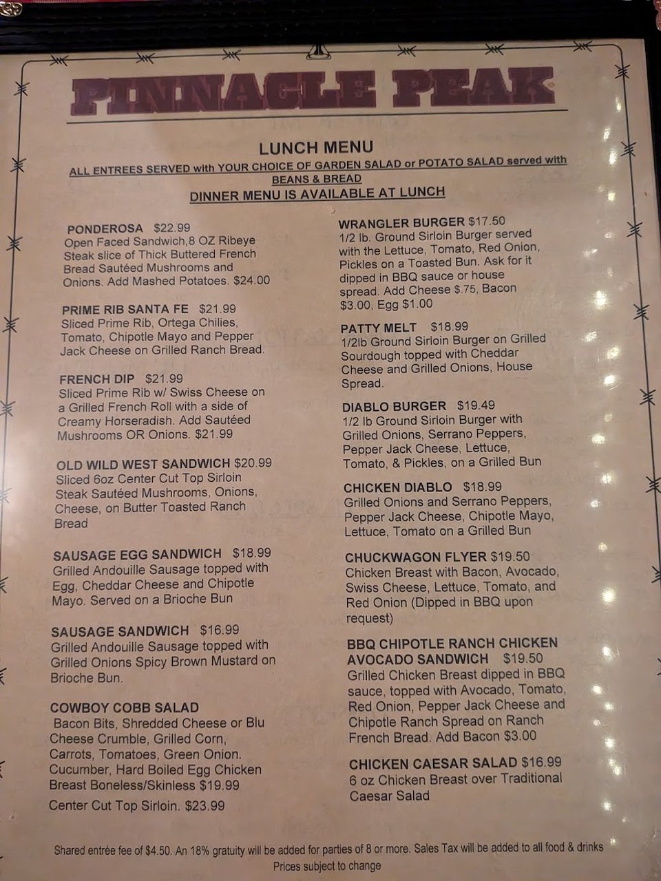 Menu pages showing steaks, ribs, and side dishes.