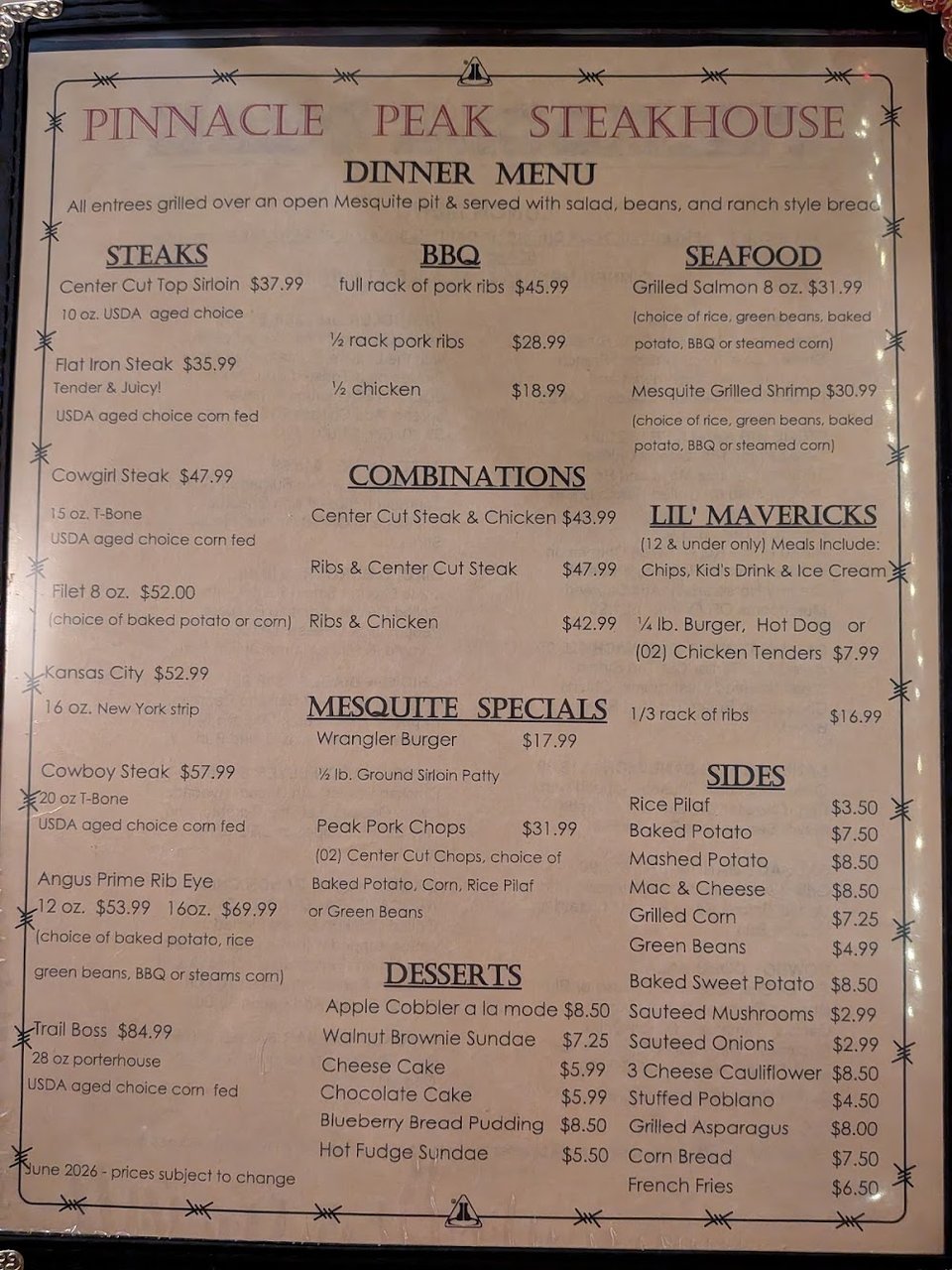 Printed menu with lunch entrees and dessert options.