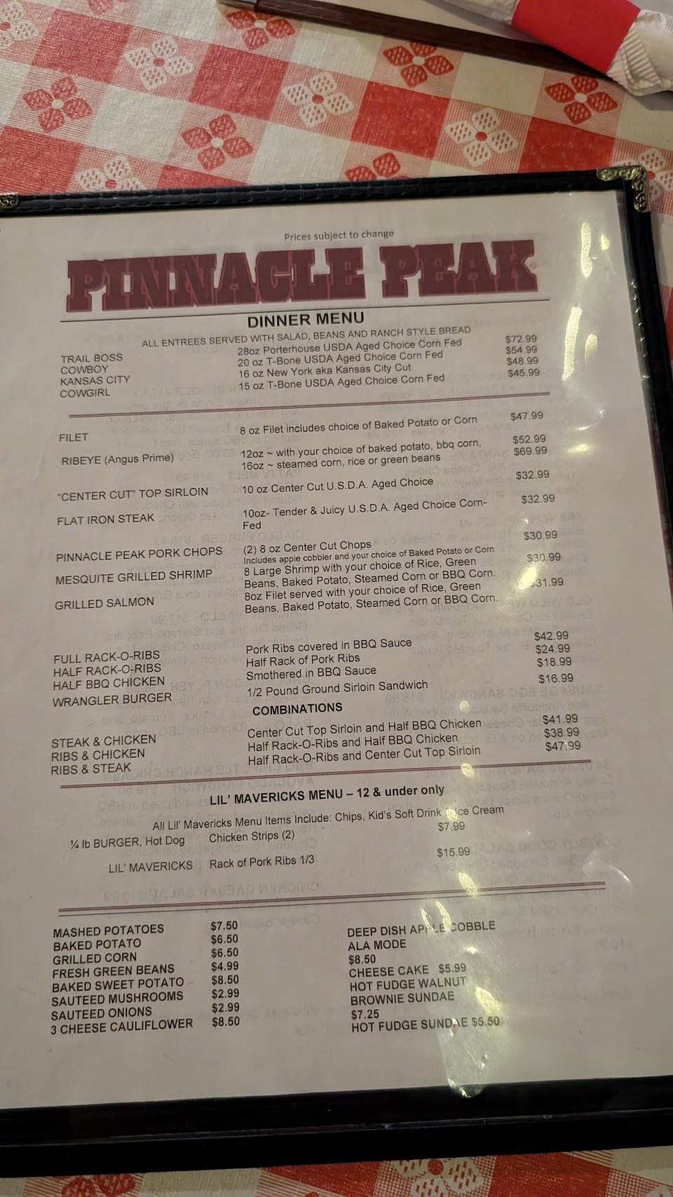 Steakhouse menu layout with combinations and kid meals.
